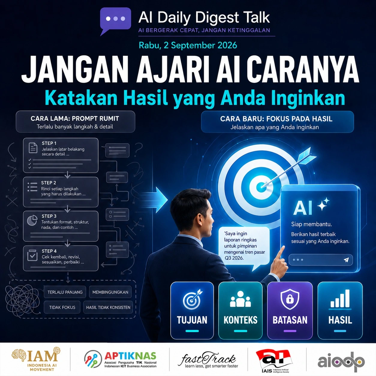 tips membuat prompt efektif dengan pola tujuan, konteks, batasan, dan hasil agar AI bekerja lebih tepat (Dok : Ist).