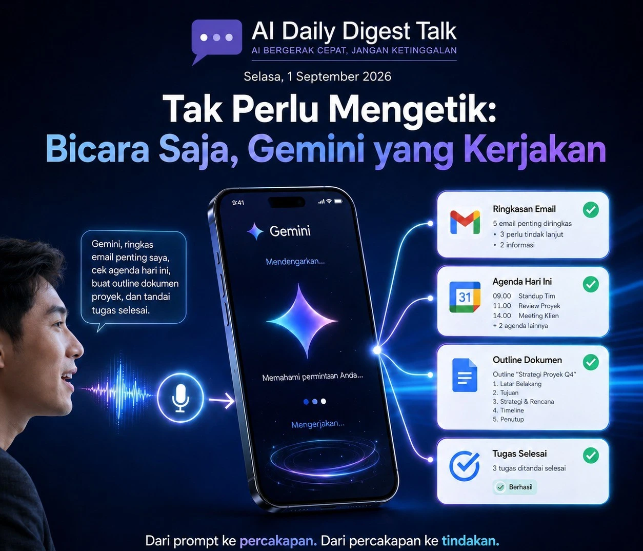 Gemini Live kini hadir dengan fitur agentik, Daily Brief, Spark, dan pengelolaan email lewat suara (Dok : Ist).