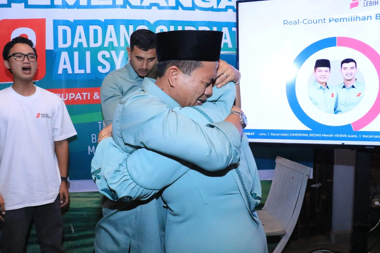 Pasangan Calon Bupati dan Wakil Bupati Bandung nomor urut 2, Dadang Supriatna-Ali Syakieb, unggul signifikan dalam hasil quick count maupun real count Pilkada Kabupaten Bandung 2024. DOC: (IST)
