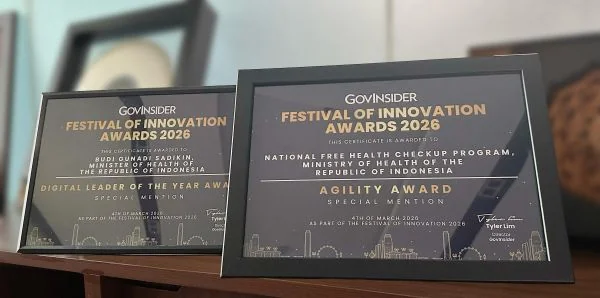 Kemenkes RI berhasil meraih dua penghargaan kategori Special Mention dalam ajang Festival of Innovation Award 2026 yang diselenggarakan oleh GovInsider di Singapura (Dok : Ist).