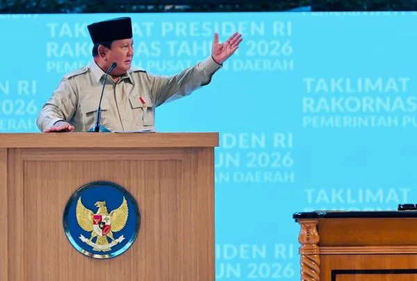 Presiden Prabowo Subianto saat berpidato dalam Rakornas Pemerintah Pusat dan Daerah di Sentul, Bogor, Jawa Barat (Dok : Ist).